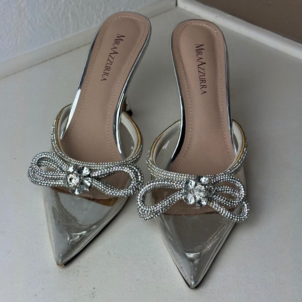 Silver Metallic Clear PVC Crystal Bow Pointed Toe Heels Black Tie Wedding Prom - Picture 3 of 7
